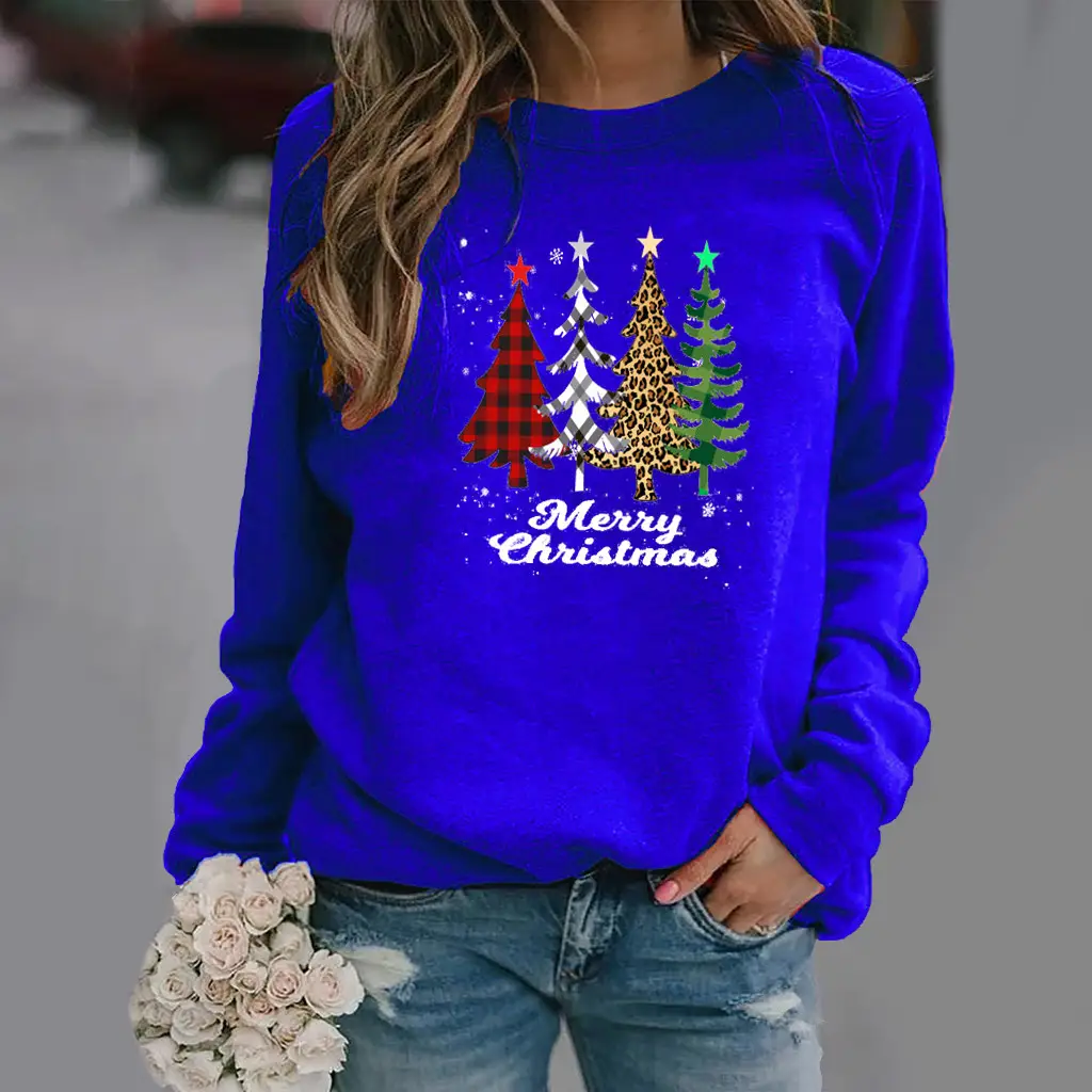 Women Pink Christmas Tree Sweatshirt Long Sleeve Round Neck