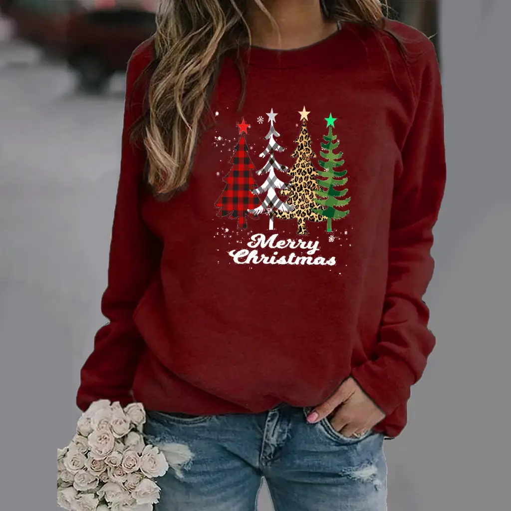 Women Pink Christmas Tree Sweatshirt Long Sleeve Round Neck