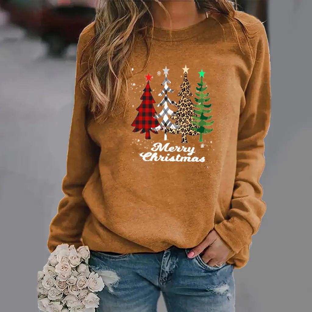 Women Pink Christmas Tree Sweatshirt Long Sleeve Round Neck