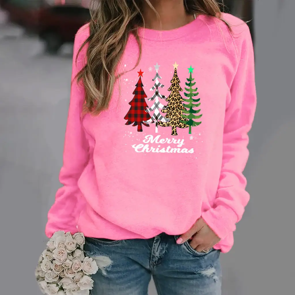 Women Pink Christmas Tree Sweatshirt Long Sleeve Round Neck