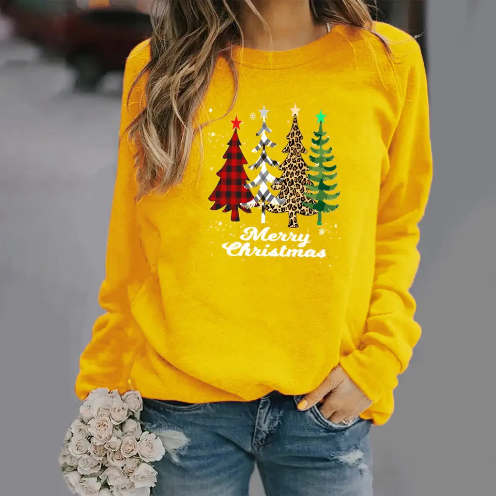 Women Pink Christmas Tree Sweatshirt Long Sleeve Round Neck
