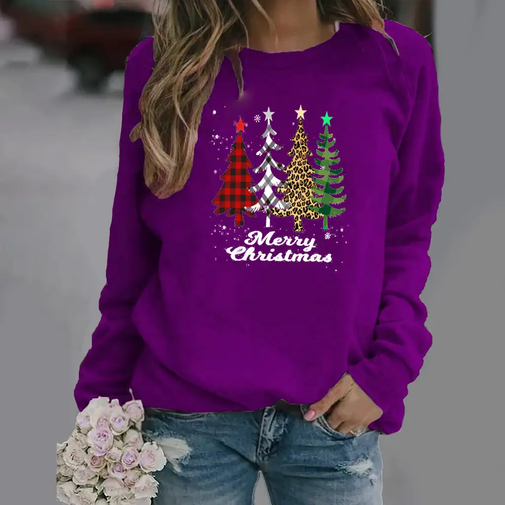 Women Pink Christmas Tree Sweatshirt Long Sleeve Round Neck