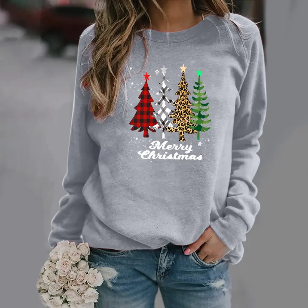 Women Pink Christmas Tree Sweatshirt Long Sleeve Round Neck