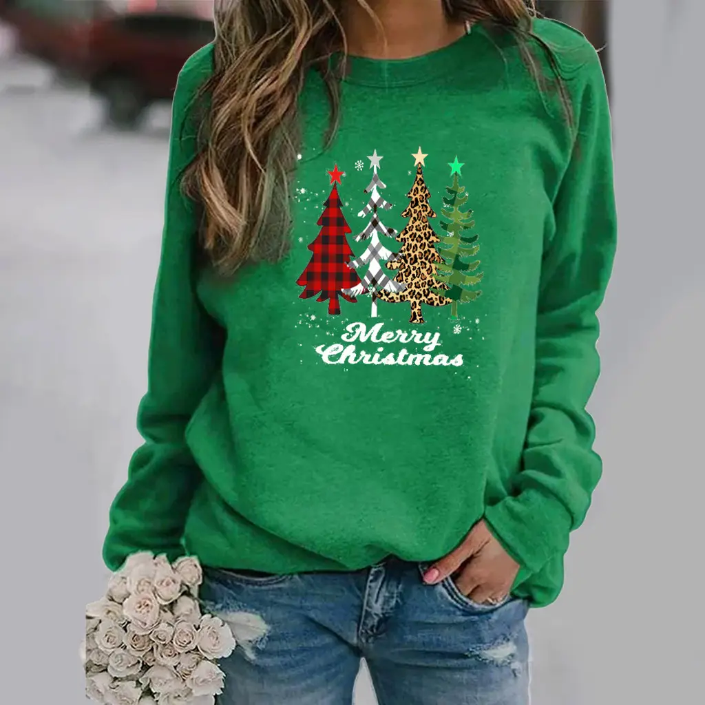 Women Pink Christmas Tree Sweatshirt Long Sleeve Round Neck