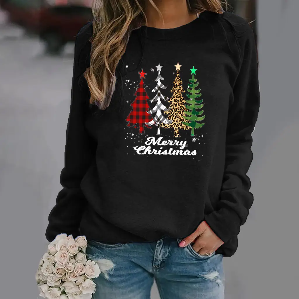 Women Pink Christmas Tree Sweatshirt Long Sleeve Round Neck