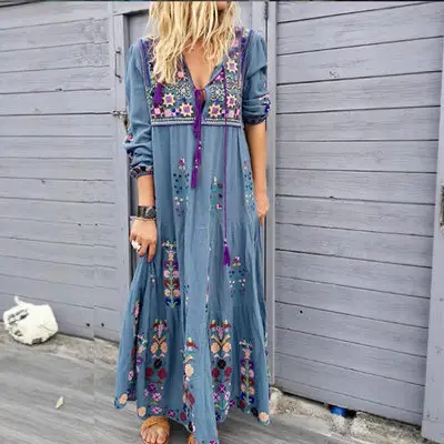 Long Dress Bohemian Print Green Embroidered Design