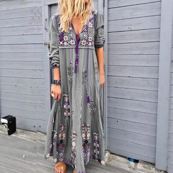 Long Dress Bohemian Print Green Embroidered Design