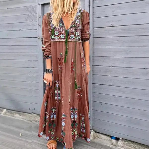 Long Dress Bohemian Print Green Embroidered Design