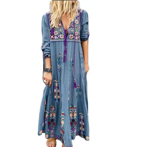 Long Dress Bohemian Print Green Embroidered Design