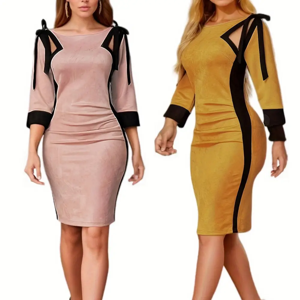 2024 Women's Yellow Black Sleeve Crewneck Hip Commuter Pencil Dress — feature 5