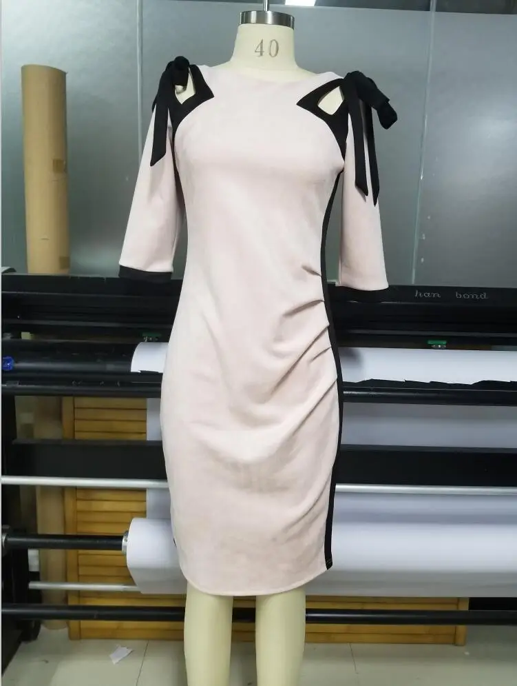 2024 Women's Yellow Black Sleeve Crewneck Hip Commuter Pencil Dress — feature 12