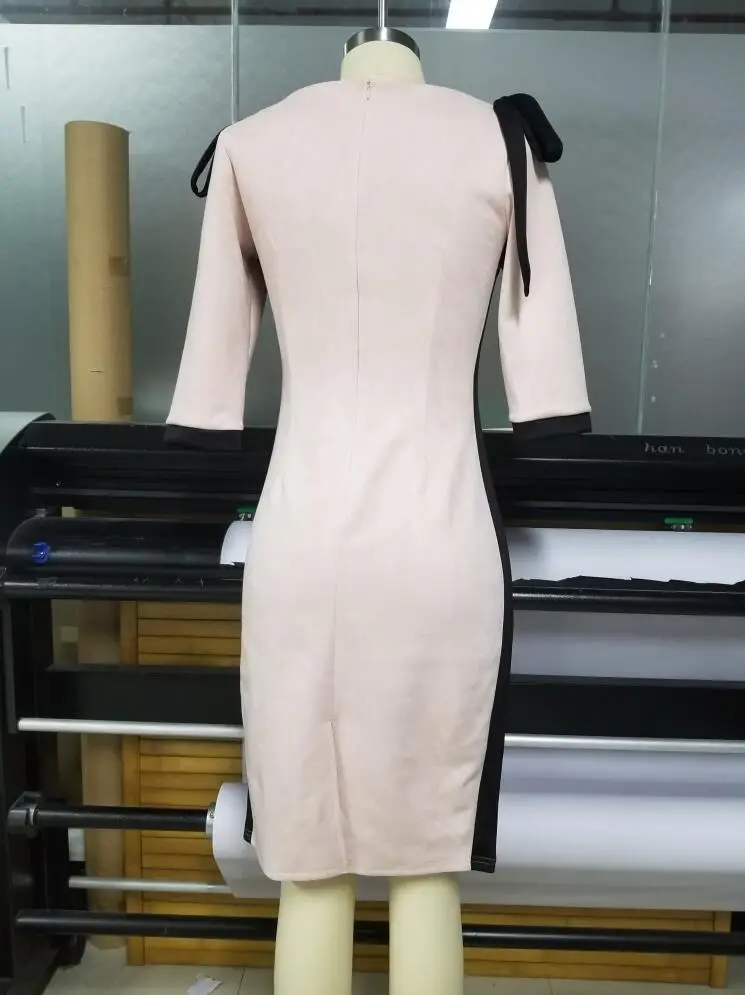 2024 Women's Yellow Black Sleeve Crewneck Hip Commuter Pencil Dress — feature 13