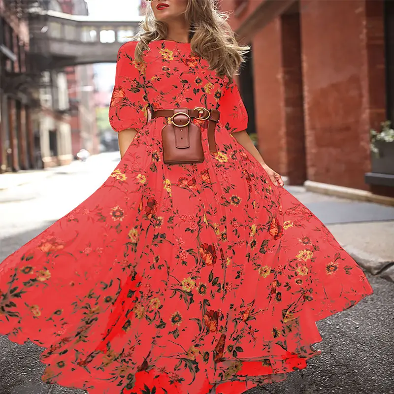 2025 Printed Floral Swing Dress Red Women - Image 6