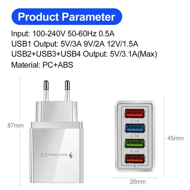 4USB Smart Color Charger 3A LED Travel - Image 2