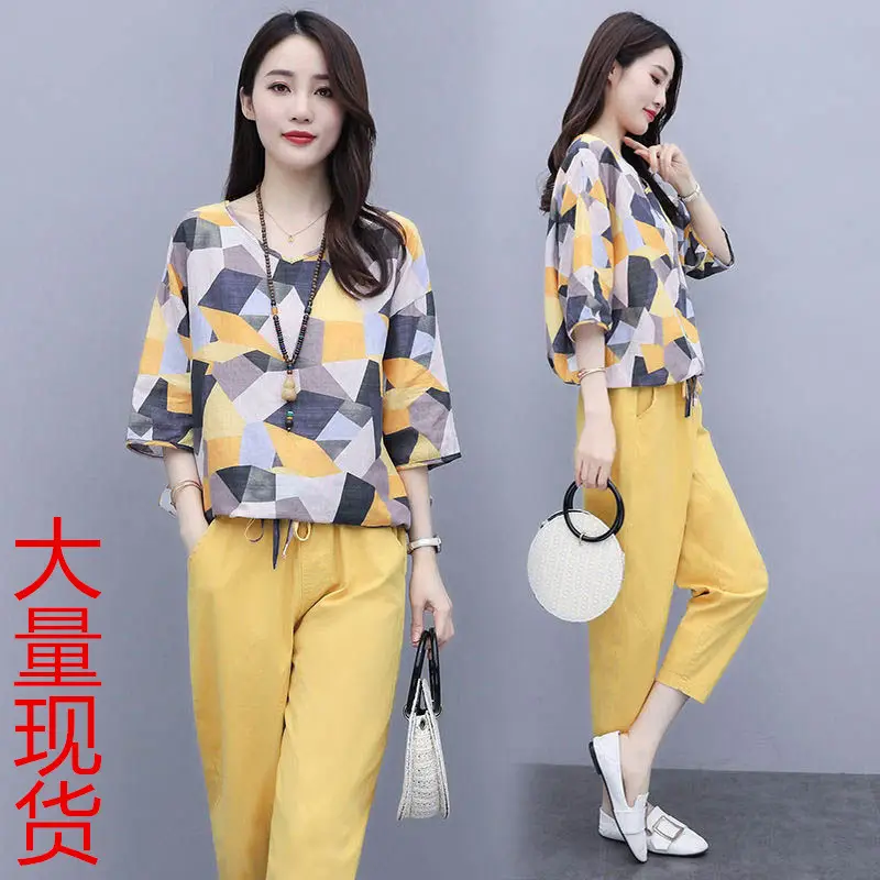 Women 2-Piece Cotton Linen Summer Suit Yellow Geometric Top