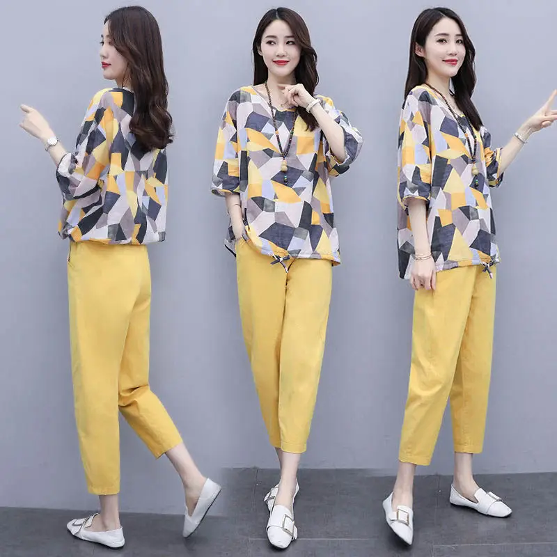 Women 2-Piece Cotton Linen Summer Suit Yellow Geometric Top