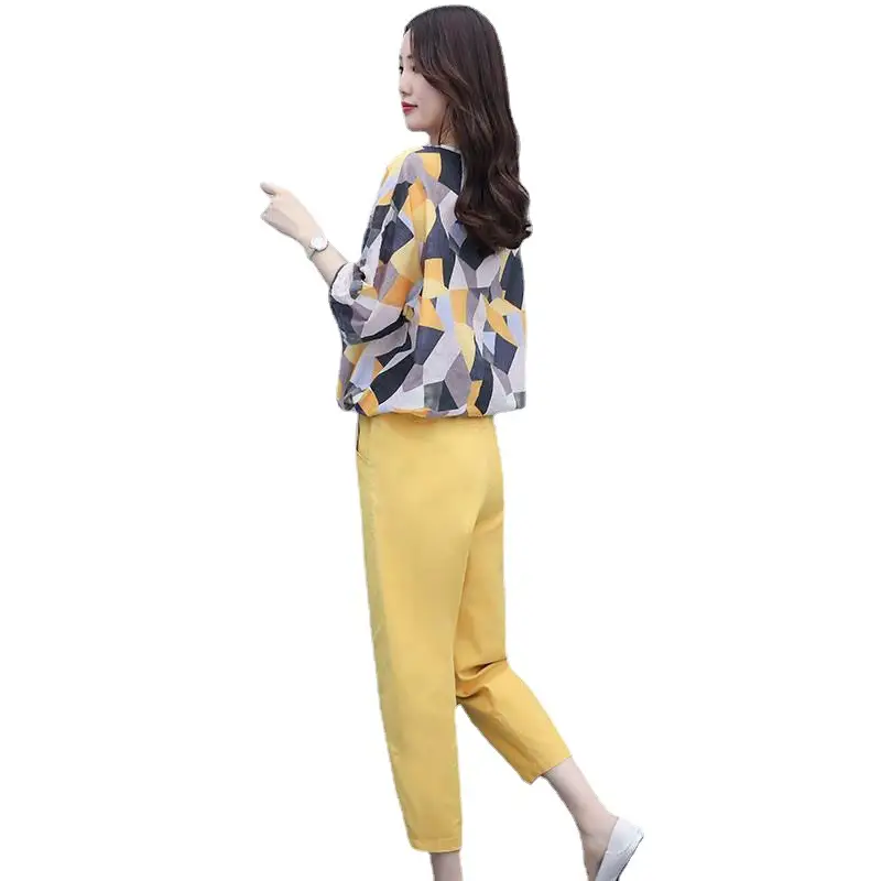 Women 2-Piece Cotton Linen Summer Suit Yellow Geometric Top