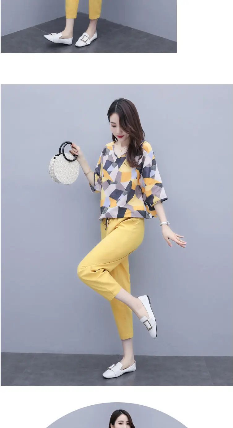 Women 2-Piece Cotton Linen Summer Suit Yellow Geometric Top — feature 12