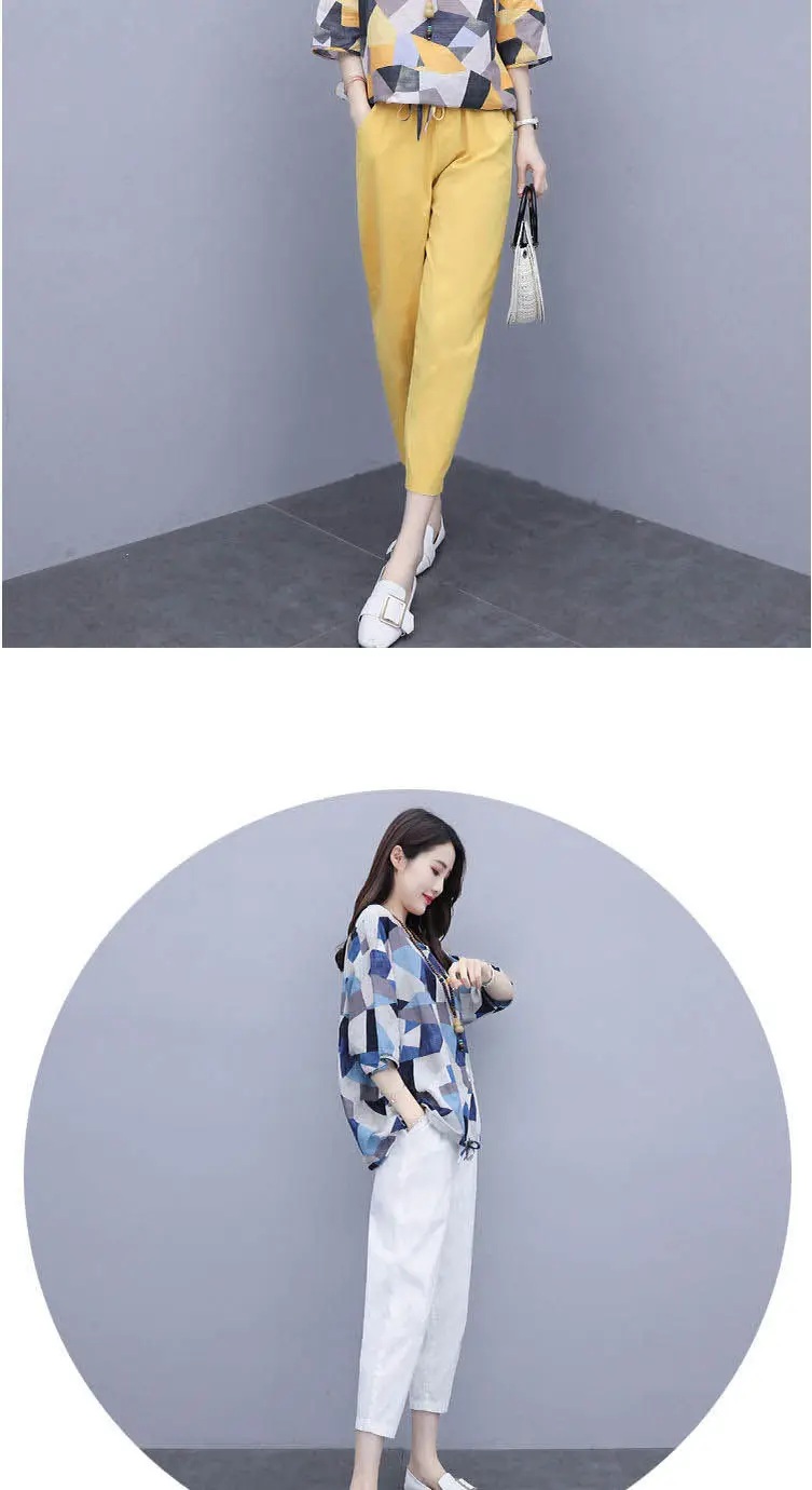 Women 2-Piece Cotton Linen Summer Suit Yellow Geometric Top — feature 15