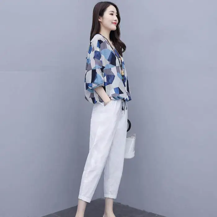 Women 2-Piece Cotton Linen Summer Suit Yellow Geometric Top