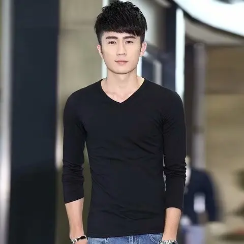 Men's Black Long Sleeve V-Neck T-Shirt Slim Fit - Image 13
