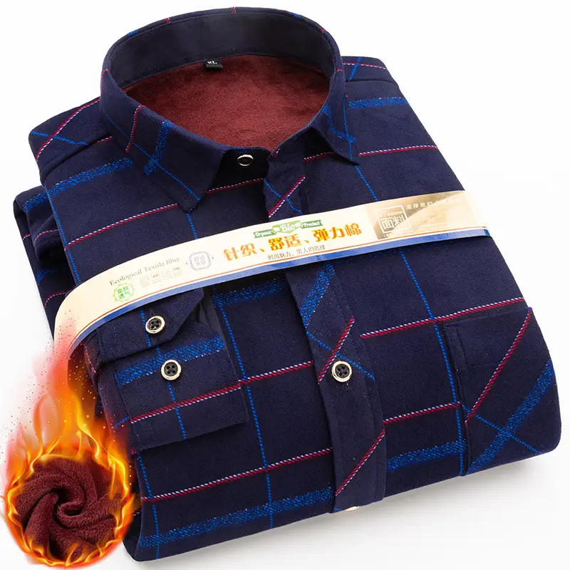 Men Fleece Plaid Warm Shirt Blue White Check 5202 - Image 12