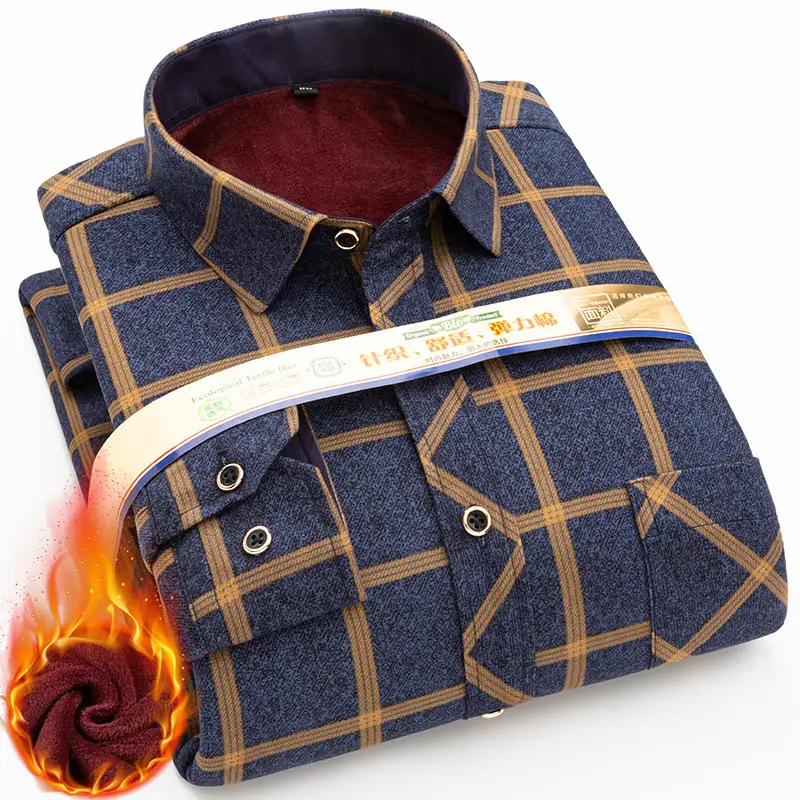 Men Fleece Plaid Warm Shirt Blue White Check 5202 - Image 14