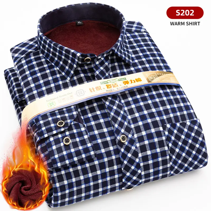 Men Fleece Plaid Warm Shirt Blue White Check 5202 - Image 2