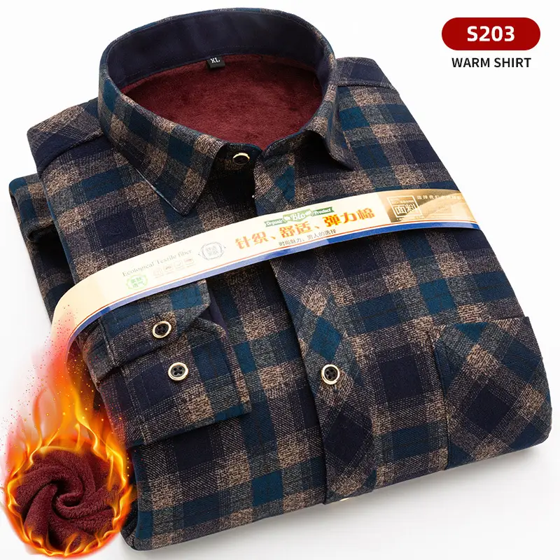 Men Fleece Plaid Warm Shirt Blue White Check 5202 - Image 3