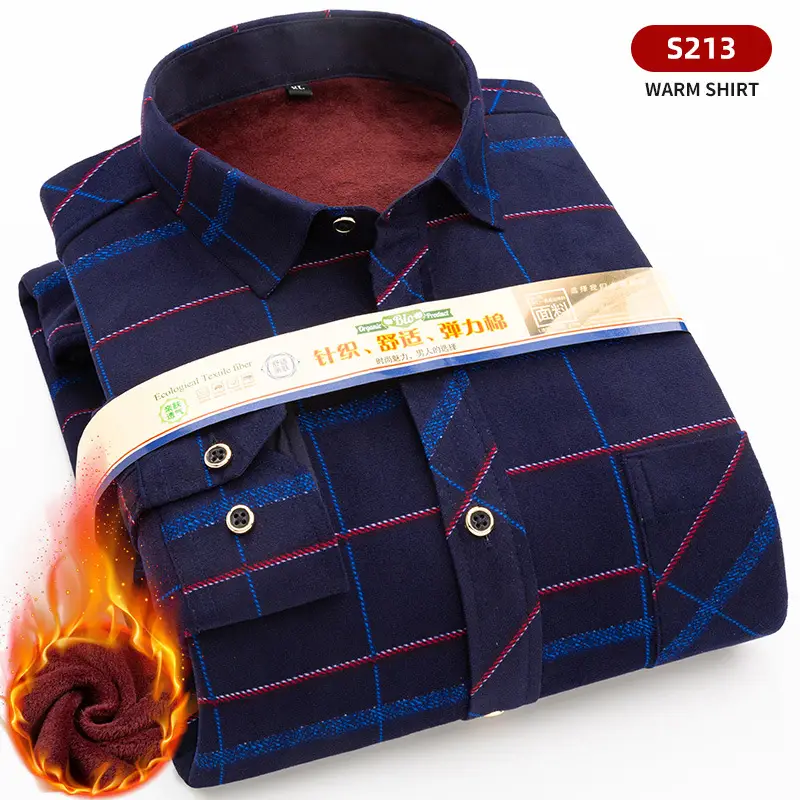 Men Fleece Plaid Warm Shirt Blue White Check 5202 - Image 5