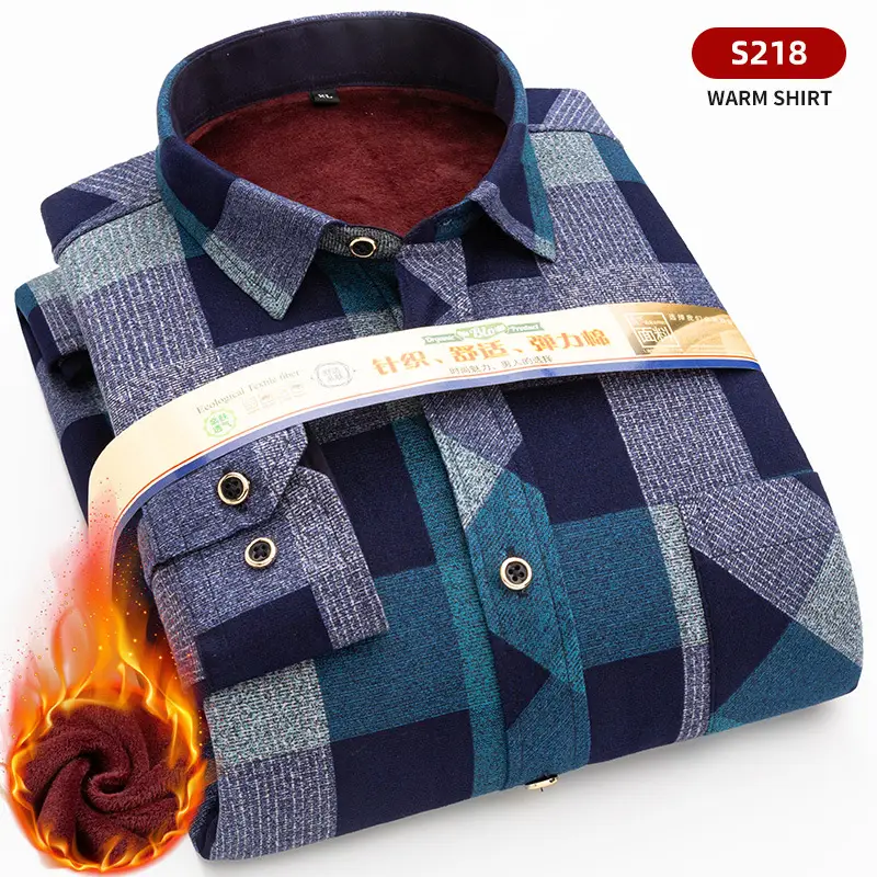 Men Fleece Plaid Warm Shirt Blue White Check 5202 - Image 8