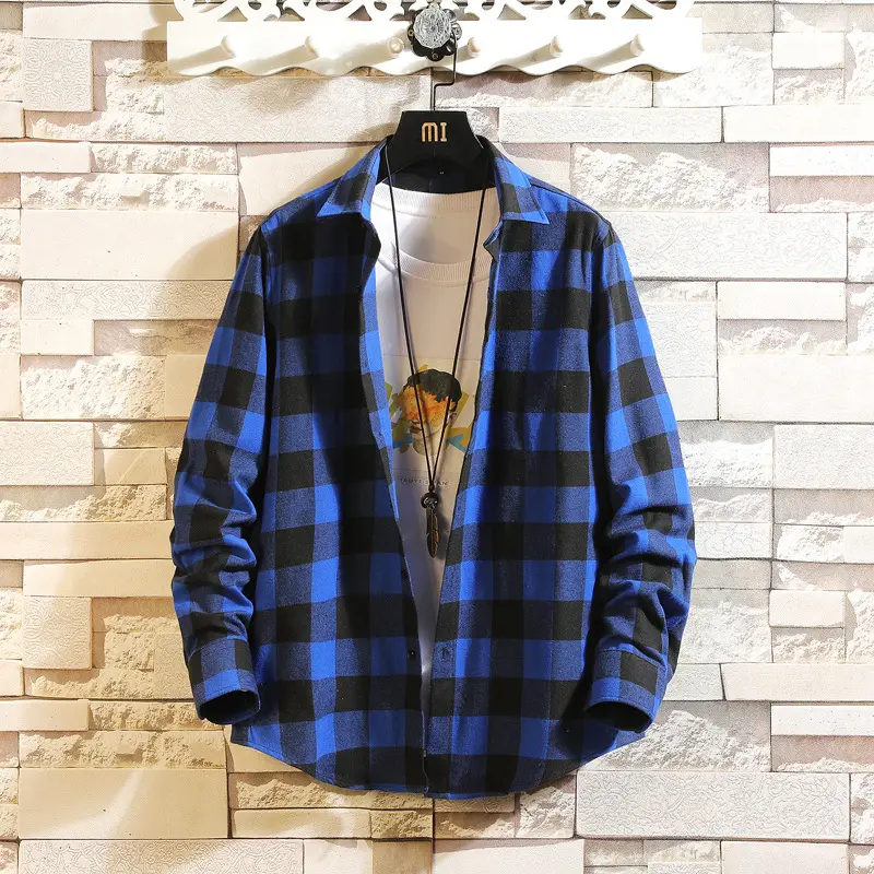 Men's Plaid Long Sleeve Shirt Black White Grey