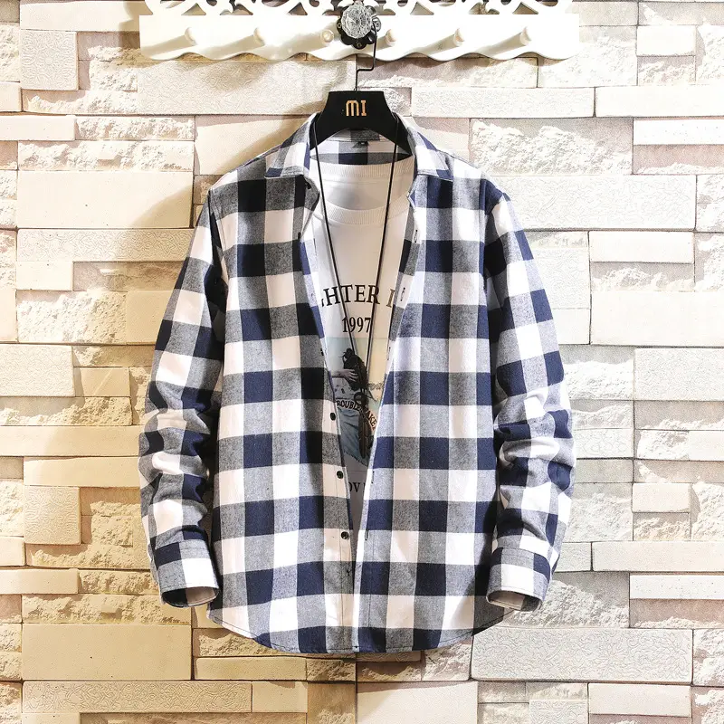 Men's Plaid Long Sleeve Shirt Black White Grey