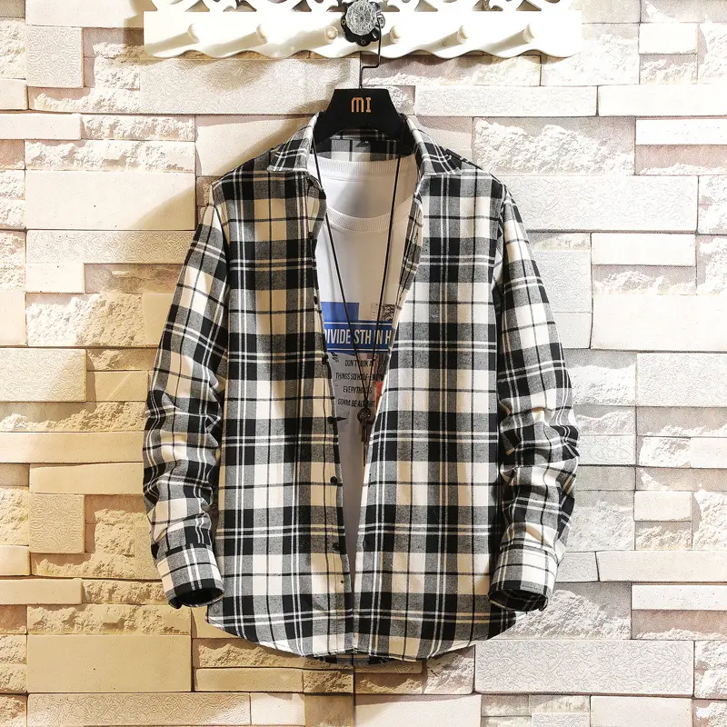 Men's Plaid Long Sleeve Shirt Black White Grey