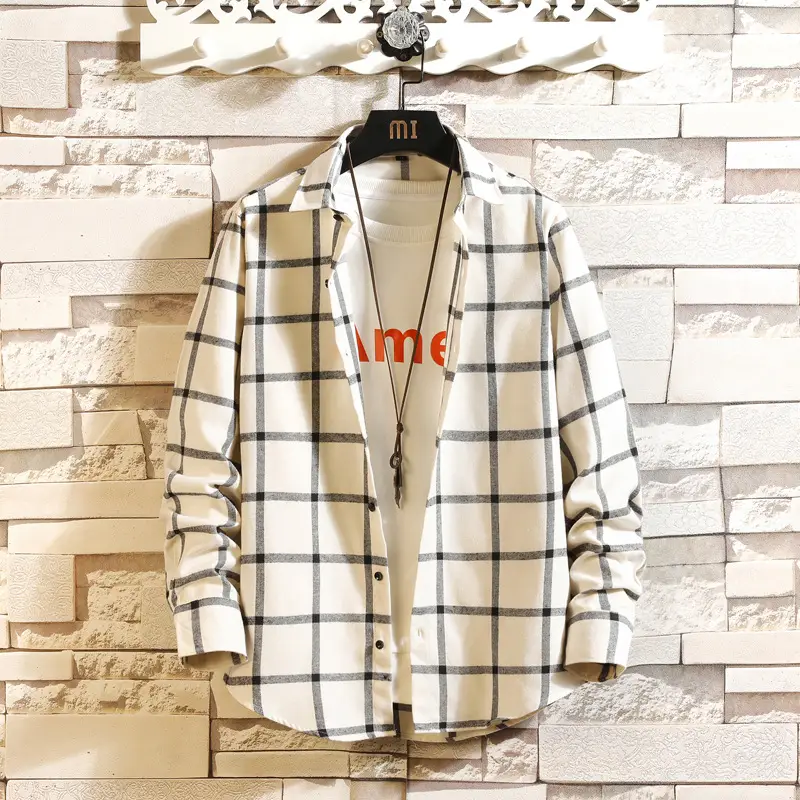 Men's Plaid Long Sleeve Shirt Black White Grey
