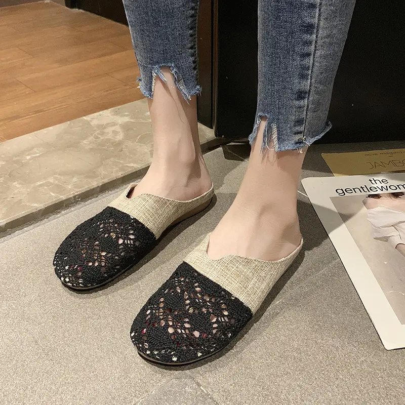 Slippers Women's 2020 New Korean Style Shallow Mouth Hollow Straw Breathable Soft Bottom Comfortable Flat Sandals for Students