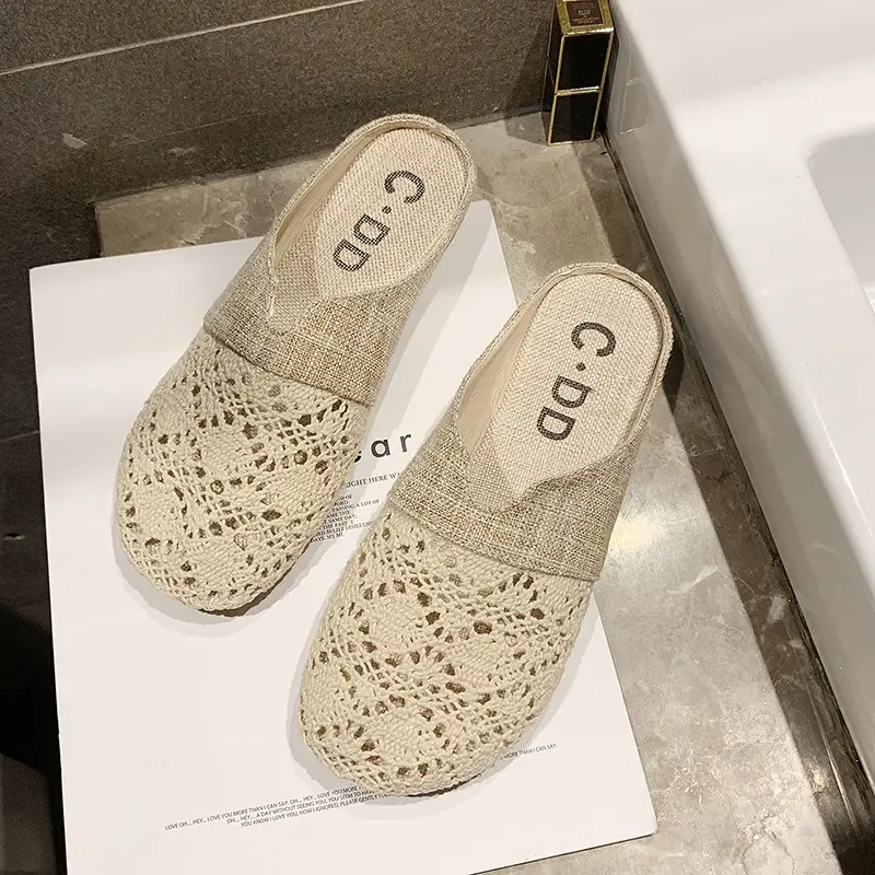 Slippers Women's 2020 New Korean Style Shallow Mouth Hollow Straw Breathable Soft Bottom Comfortable Flat Sandals for Students