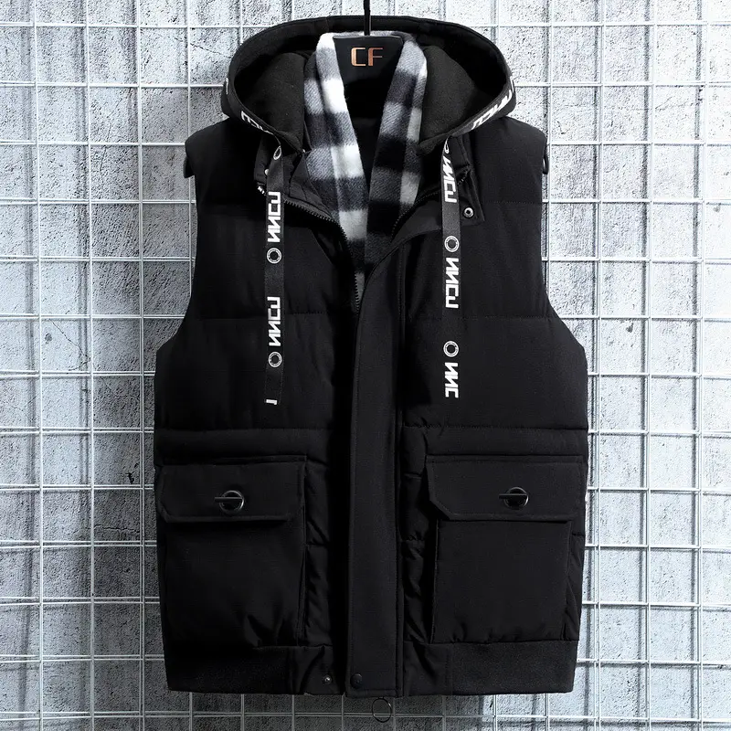 Men's Beige Plaid Hood Vest with 2 Pocket - Image 9
