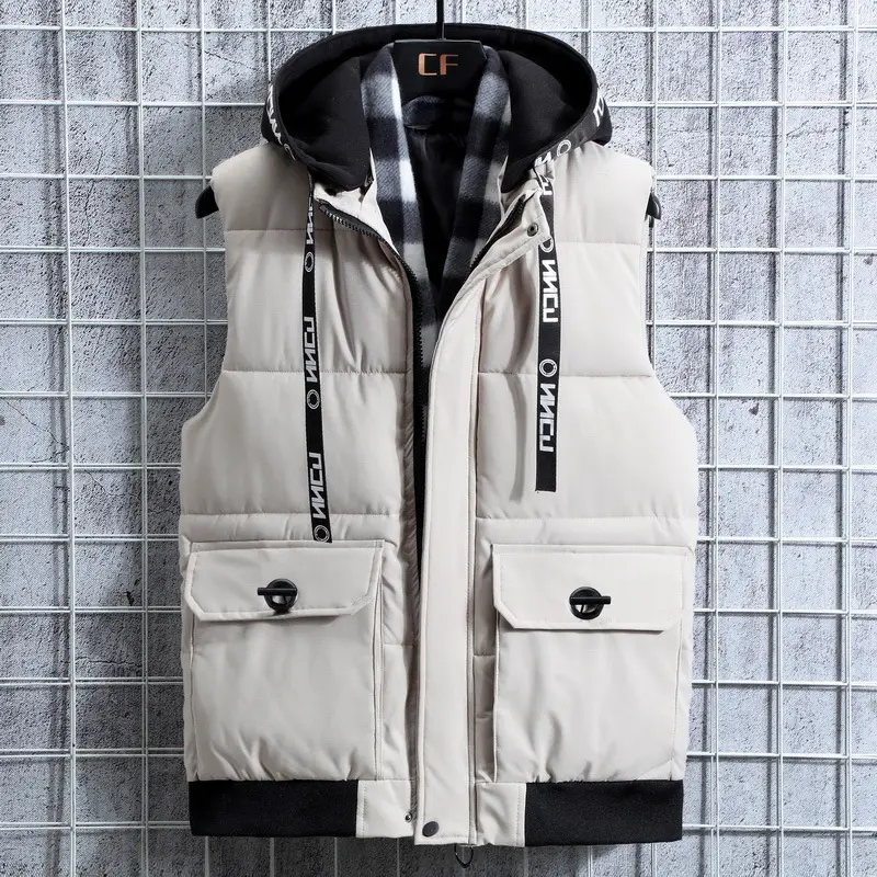 Men's Beige Plaid Hood Vest with 2 Pocket - Image 5