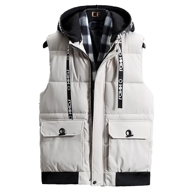 Men's Beige Plaid Hood Vest with 2 Pocket - Image 8