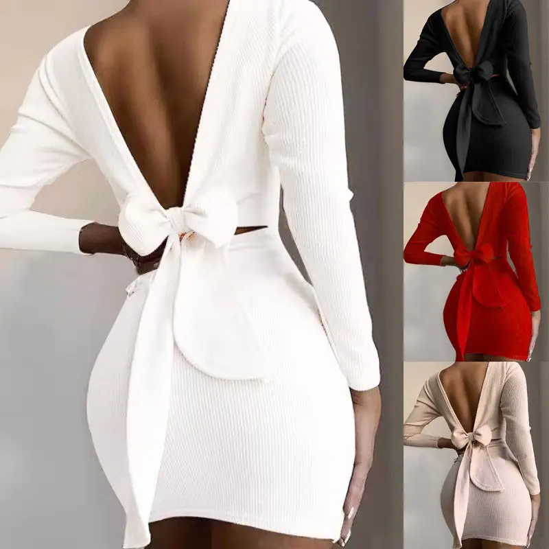 White Drawstring Pleated Long Sleeve Dress for Women