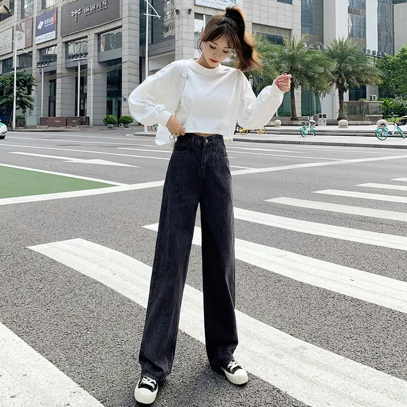 Women Wide Leg Jeans White Top Black Pants Set
