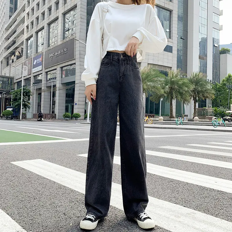 Women Wide Leg Jeans White Top Black Pants Set