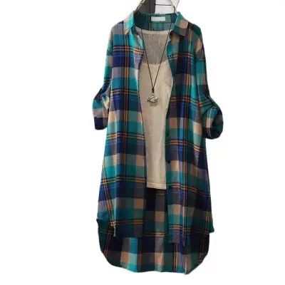 Women Plaid Mid-Length Shirt Plus Size 2025 Spring Fall - Image 23