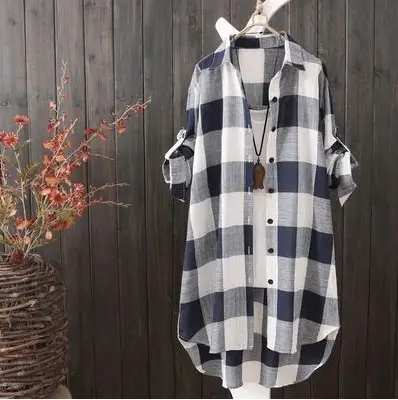 Women Plaid Mid-Length Shirt Plus Size 2025 Spring Fall — feature 3