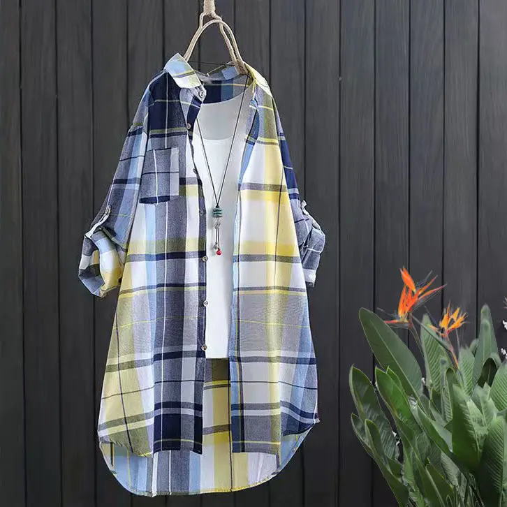 Women Plaid Mid-Length Shirt Plus Size 2025 Spring Fall - Image 16