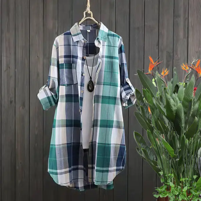 Women Plaid Mid-Length Shirt Plus Size 2025 Spring Fall - Image 17