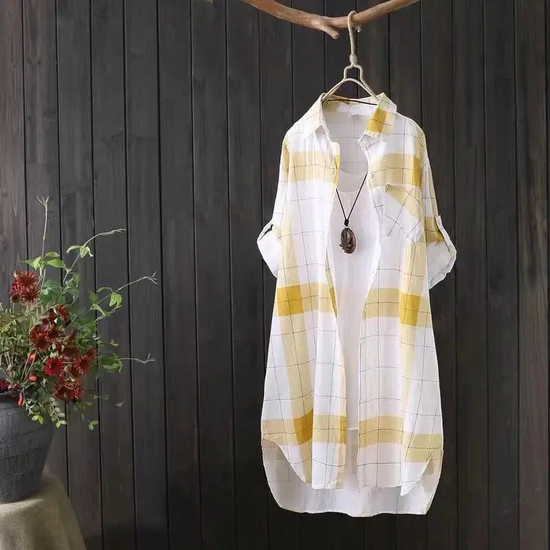 Women Plaid Mid-Length Shirt Plus Size 2025 Spring Fall - Image 4