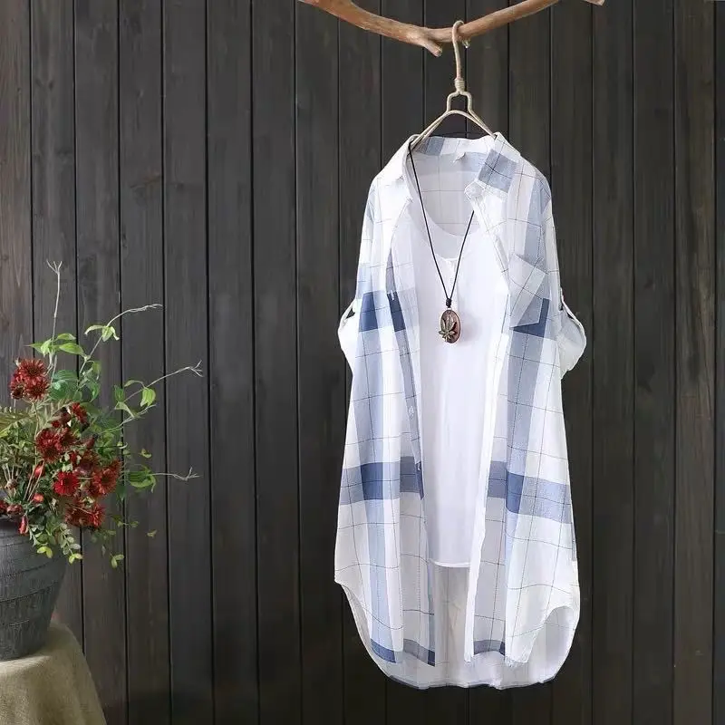 Women Plaid Mid-Length Shirt Plus Size 2025 Spring Fall - Image 5