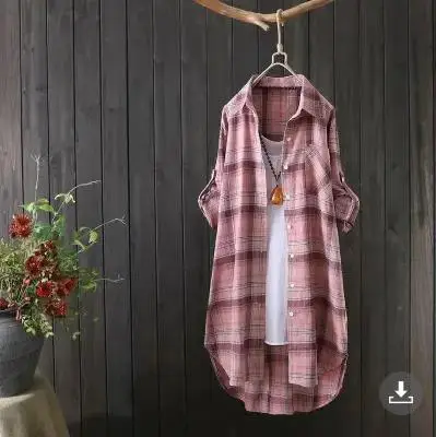 Women Plaid Mid-Length Shirt Plus Size 2025 Spring Fall - Image 8